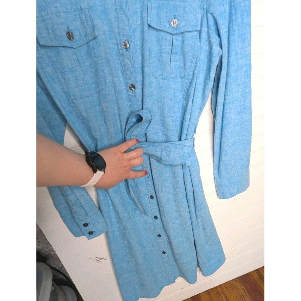 Dialogue Women's Shirt Dress Petite Medium PM Blue Long Sleeve Tie Linen Blend - Picture 5 of 9